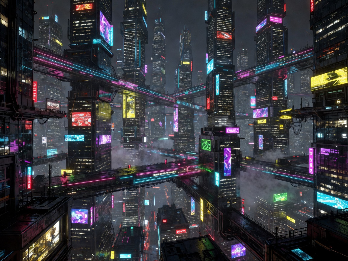 Futuristinen suurkaupungin siluetti yöllä, jossa hehkuvat valosillat, neonvalot ja tiheä vertikaalinen arkkitehtuuri