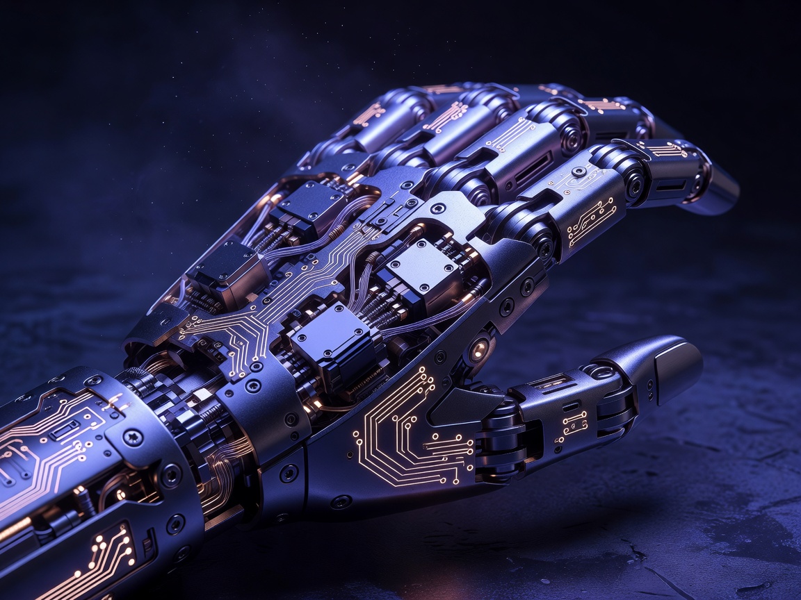 Tarkasti valmistettu titaaninen robottikäsi ja kultaiset piirilevyreitit ultraviolettivalossa